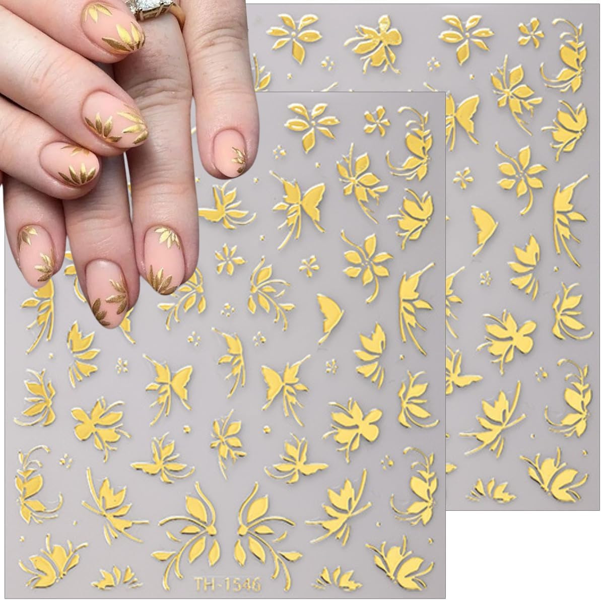 6 Sheets Gold 3D Nail Stickers Flower Leaf Nail Art Decals Self Adhesive Set 6