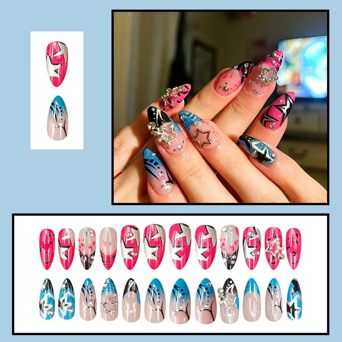 French Tip Press On Nails – Y2K Star Medium Almond Fake Nails with Silver Rhi…
