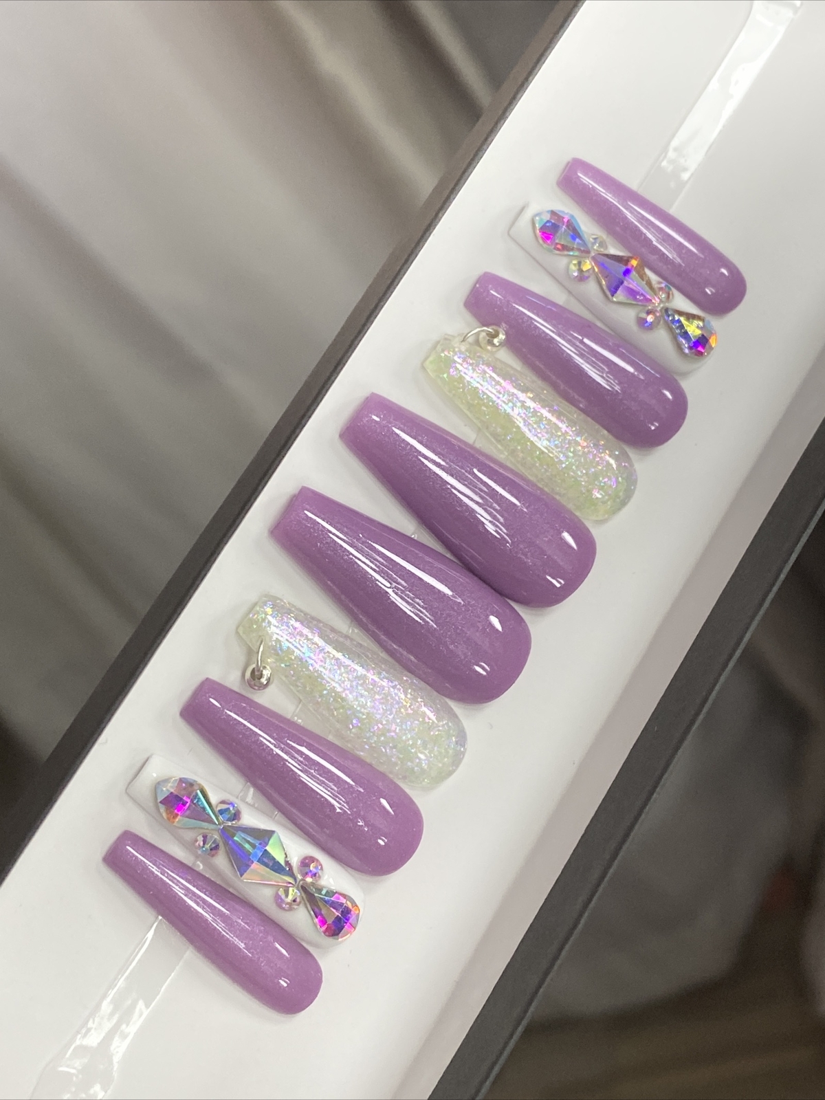 🔥CUSTOM Gel Press On False Nails, Purple w/ BLING 10 set, w/ FULL KIT NEW MED