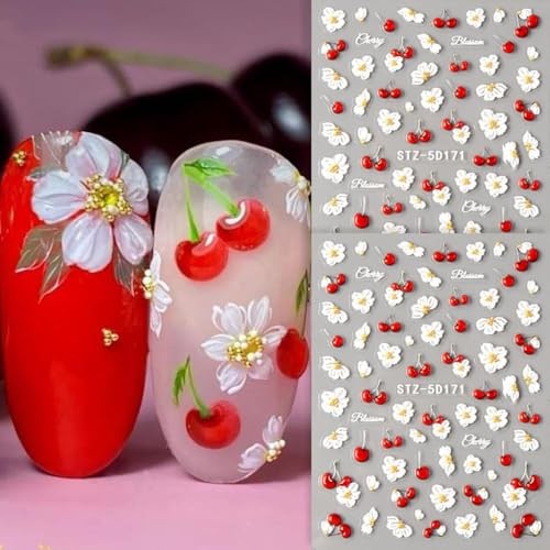 5D Nail Stickers Flower Cherry Nail Decals Embossed Self-Adhesive Cute Spring