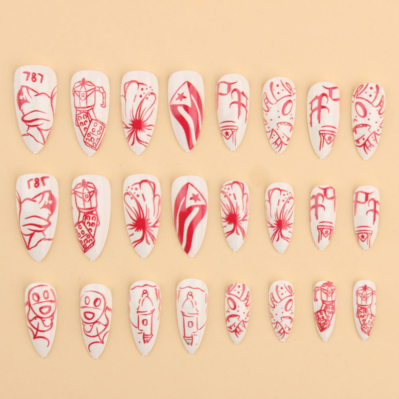 48P Long Almond Press on Nails, Puerto Rico Tribal Hand‑Painted Fake Nails