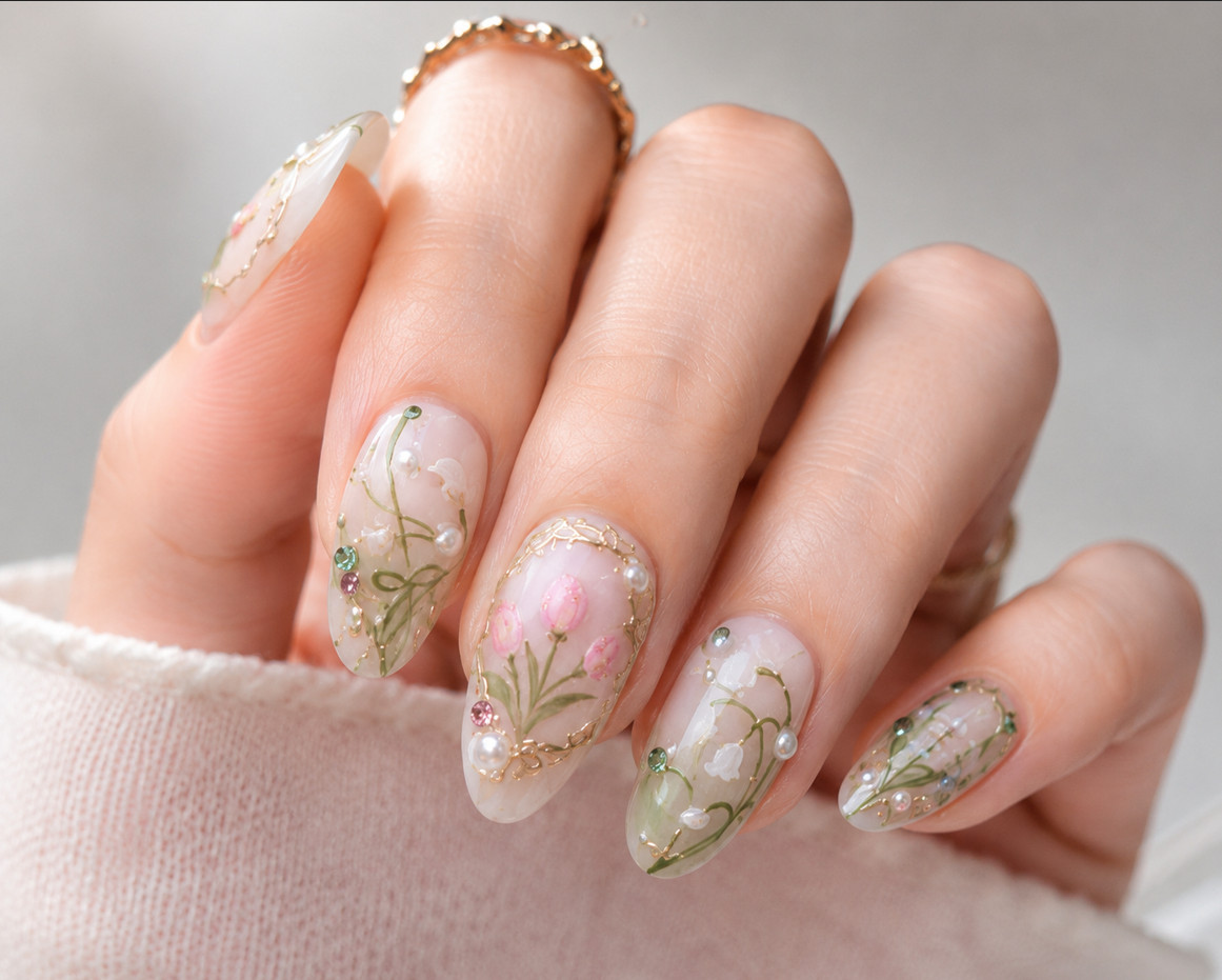 24Pcs Middle Length Green Flower French Press On Nails 3D Pearl Almond