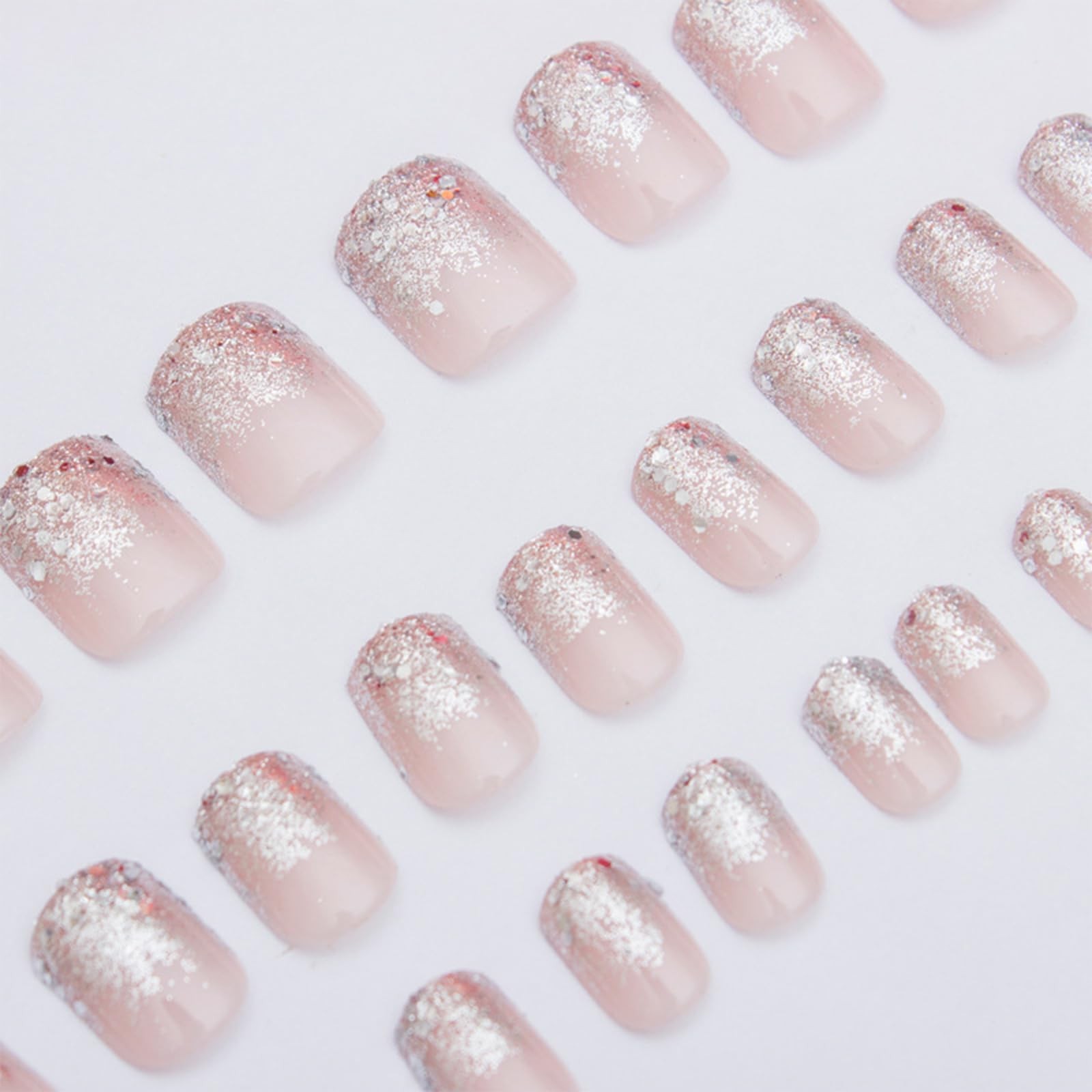 24Pcs Glitter Silver French Press on Nails Short Square Fake Multicolor