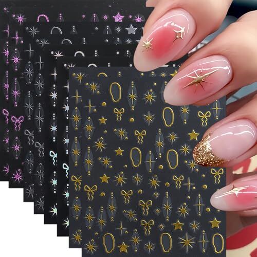 8 Sheets Star Nail Art Stickers Decals 3D Gold Silver Purple Laser Star Bow