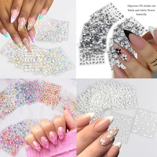 30 Sheets Flower Nail Stickers 3D Self-Adhesive Black White Colorful Cherry