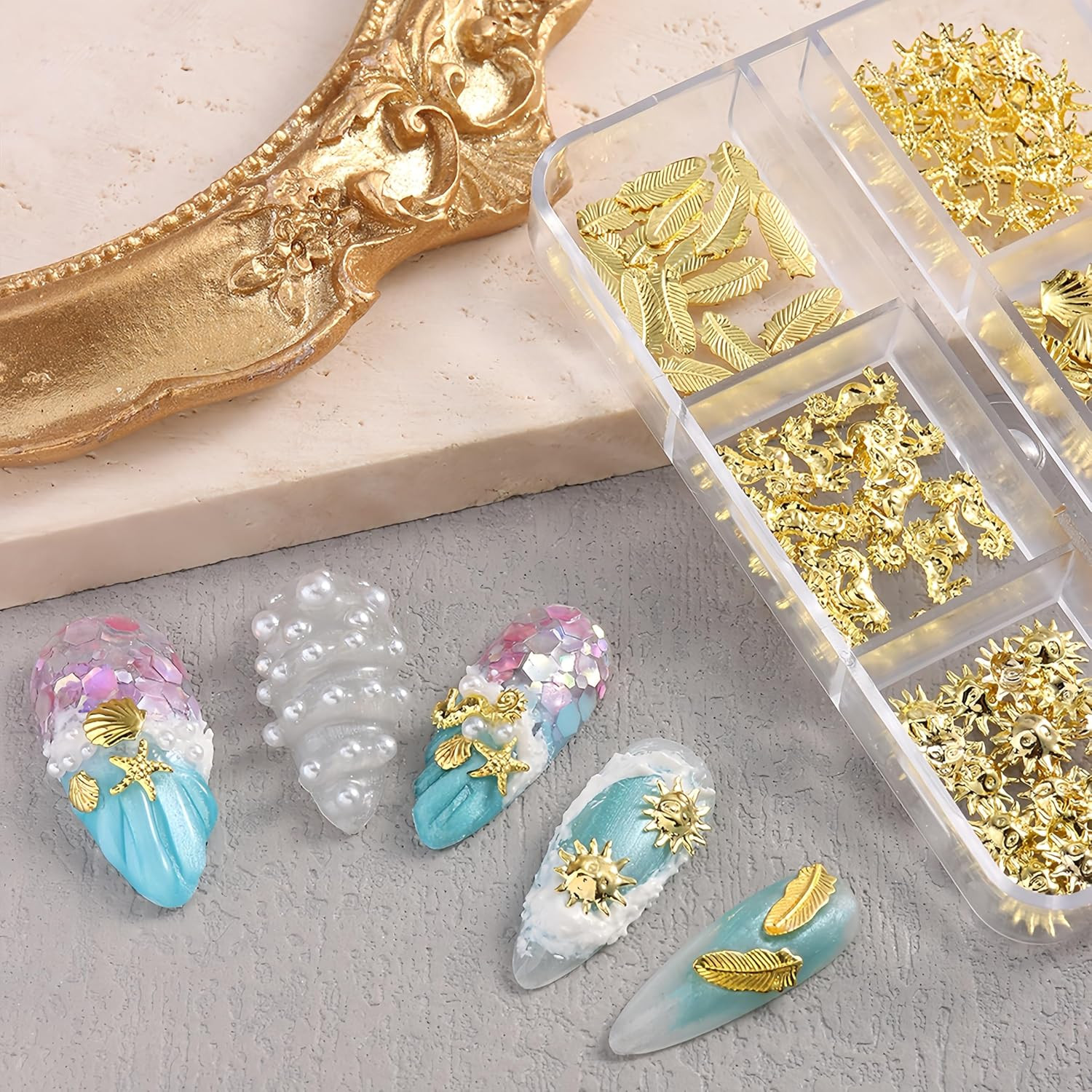 2Boxes Gold Summer Ocean Nail Charms and Gems Metal Small Seashell Starfish Seah
