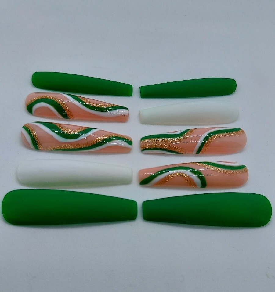 Green Nails White and Gold Nude Swirl Press on Nails