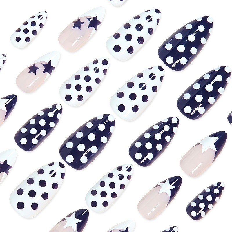 48Pcs-Long Almond Navy Blue White Polka Dot Star Nude Press on Fake Nails