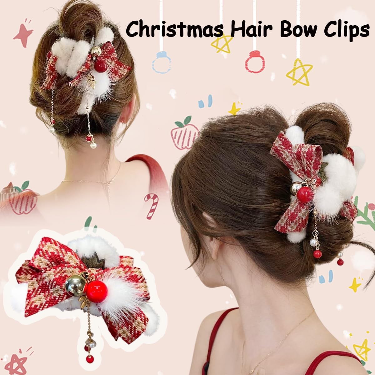 1Pcs Christmas Hair Bow Clips for Women Xmas Winter 3 Count (Pack of 1), Red