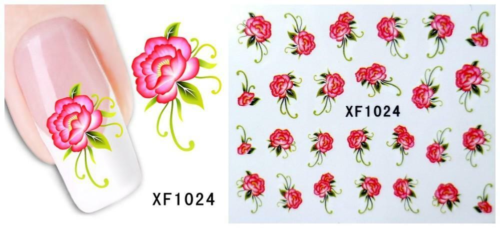 Nail Art Water Transfer Sticker Decal Stickers Pretty Flowers Pink Green XF1024