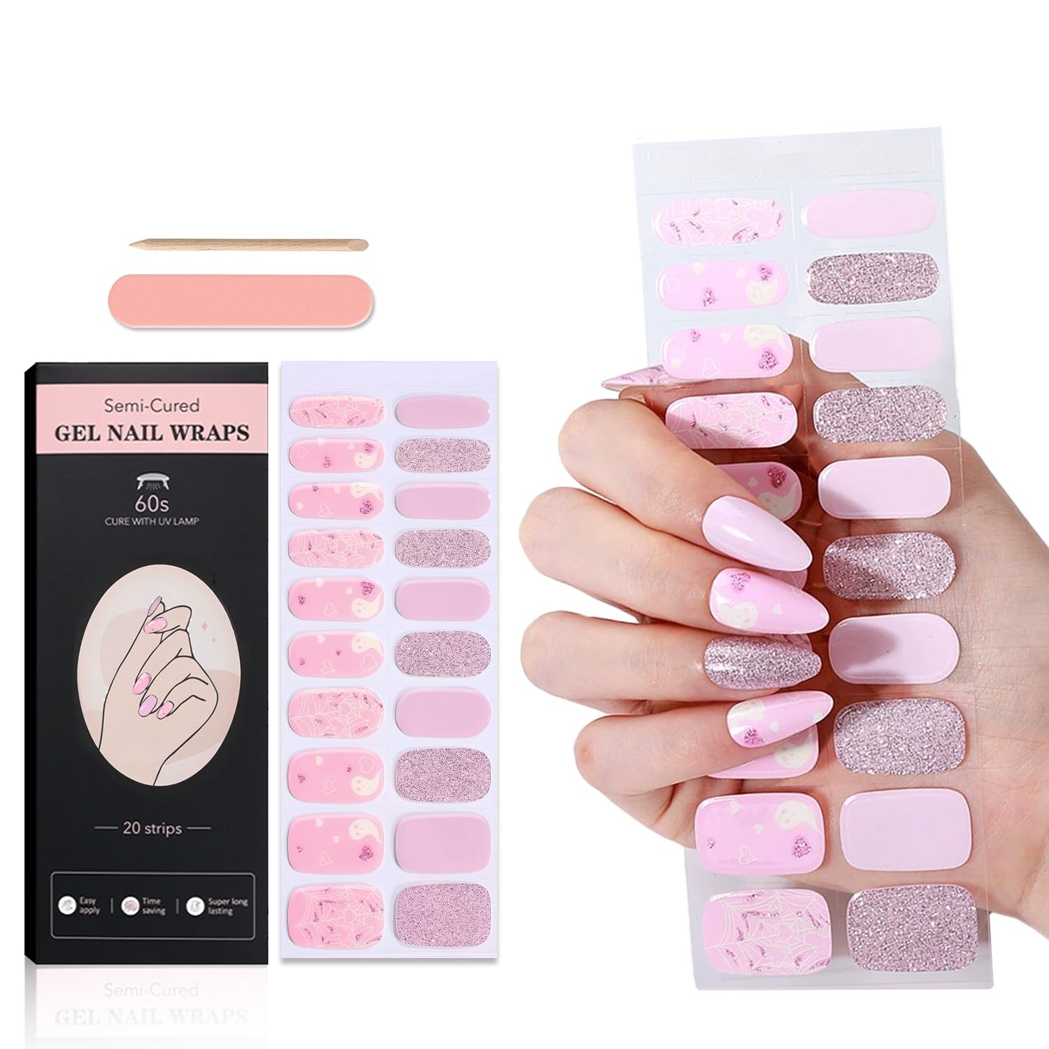 Halloween Semi Cured Nail Strips, 20 Tips Pink Ghost Spiderweb Design Nail Po…