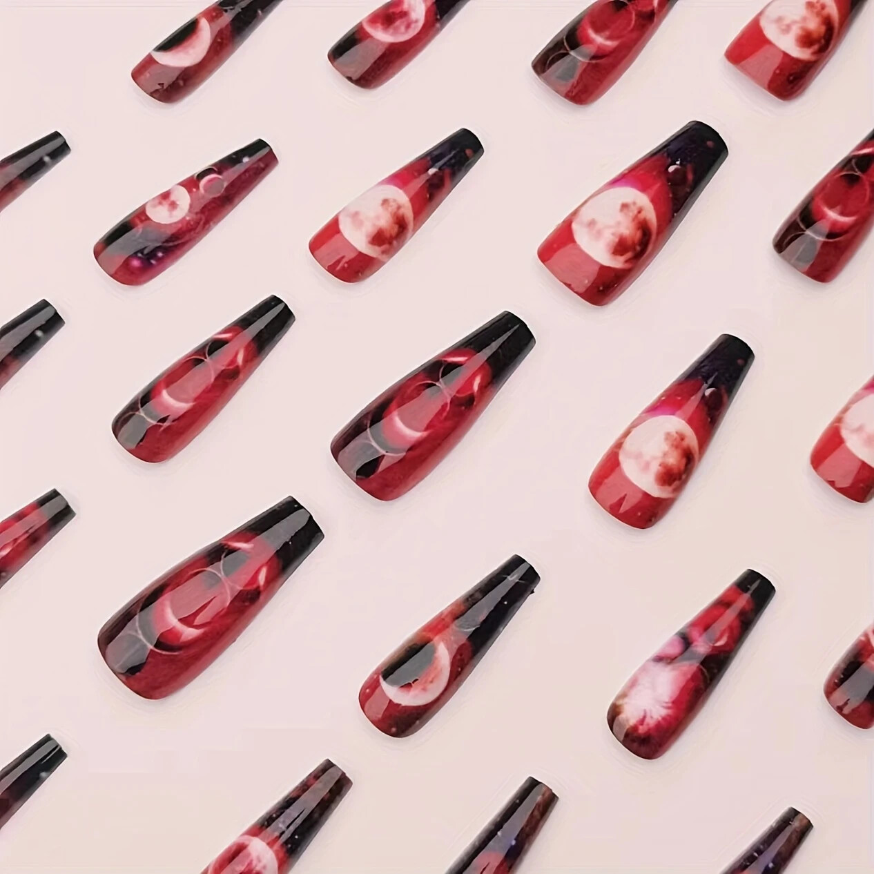 24Pcs Red/Black Ballet-Shaped Long Press-on Nails, Glossy Moon Design