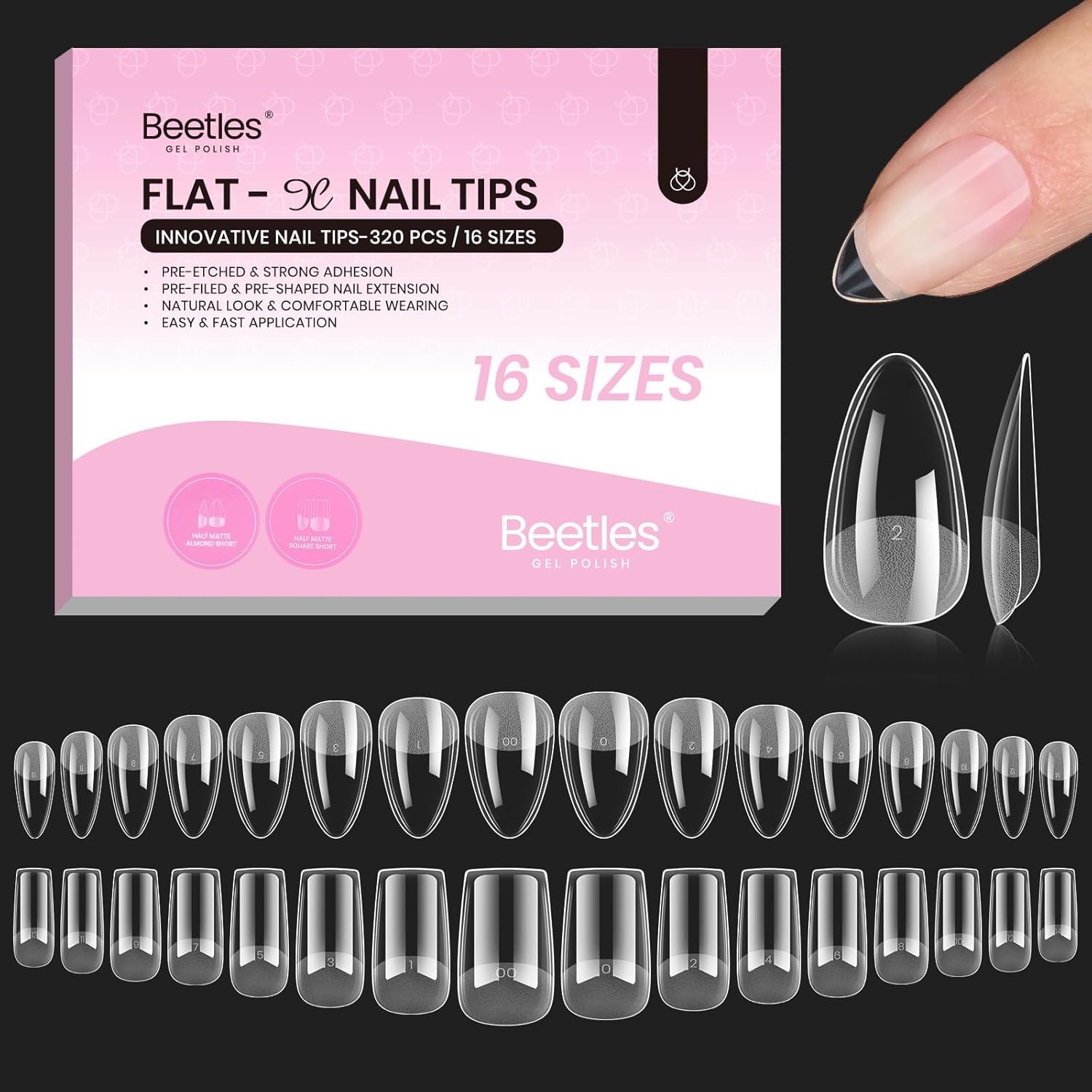 Soft Acrylic Nail Tips – Flat-X Almond Square, 320 pieces for Nail Art