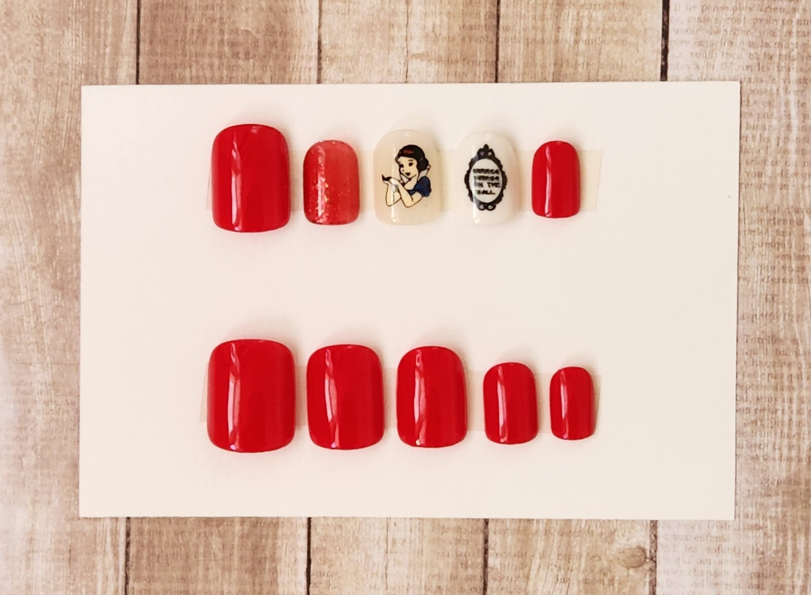 Custom Press On Handmade Gel Nails Red Snow White Accent Square Short 20 Tips