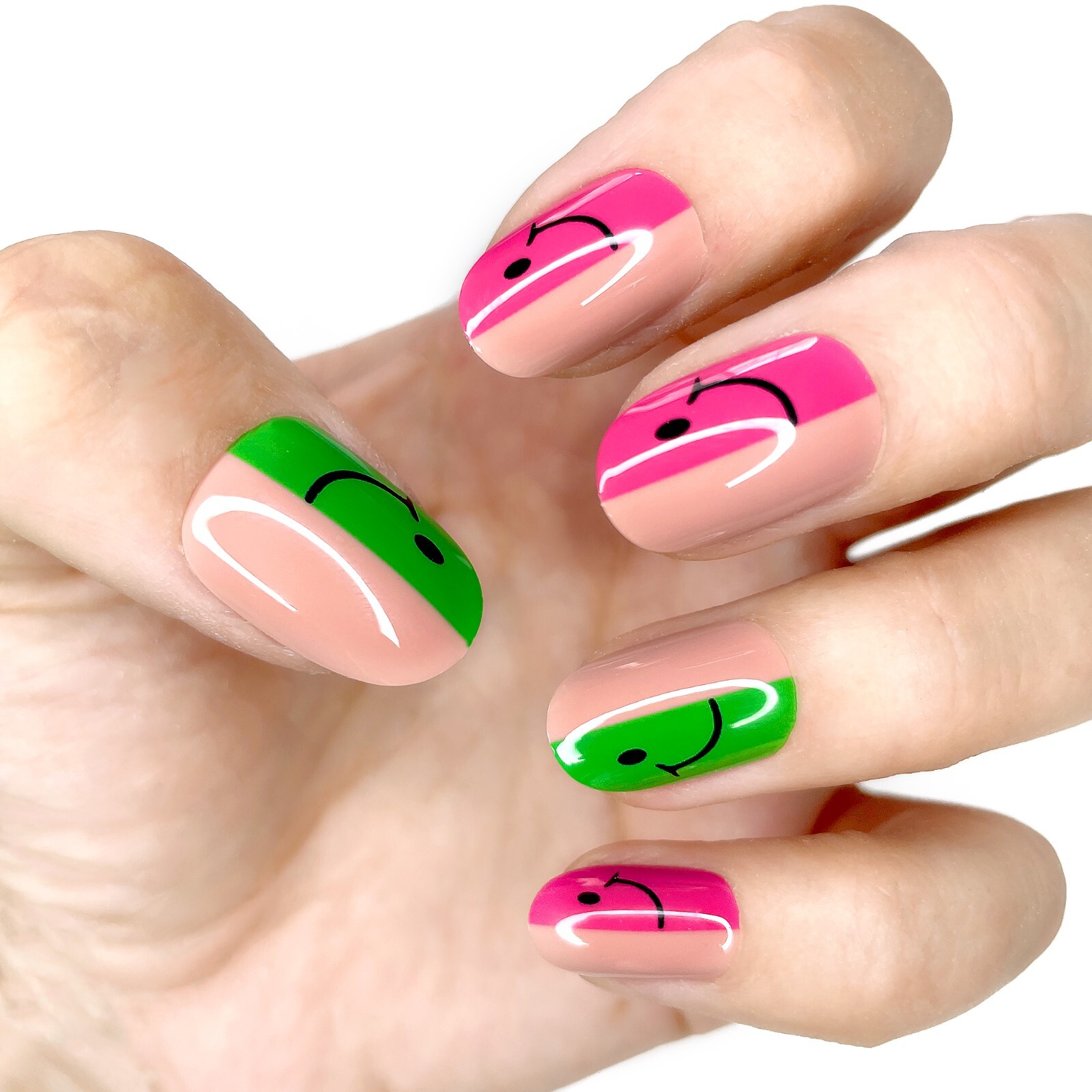 HALFWAY HAPPY CUSTOM DESIGNED PRESS ON NAILS PINK & GREEN By So Hot Right Nail