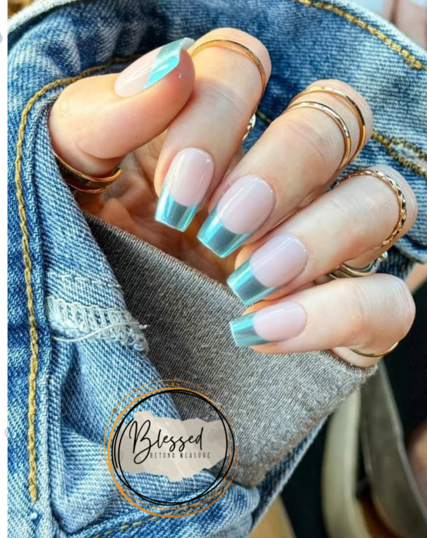 Red Aspen Press On Nails~Blue Skies Ahead, Bebop Medium Coffin Chrome French