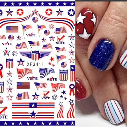 8 Sheets Independence Day Nail Stickers Blue Red Nail Decals Flag Blue, Red-8