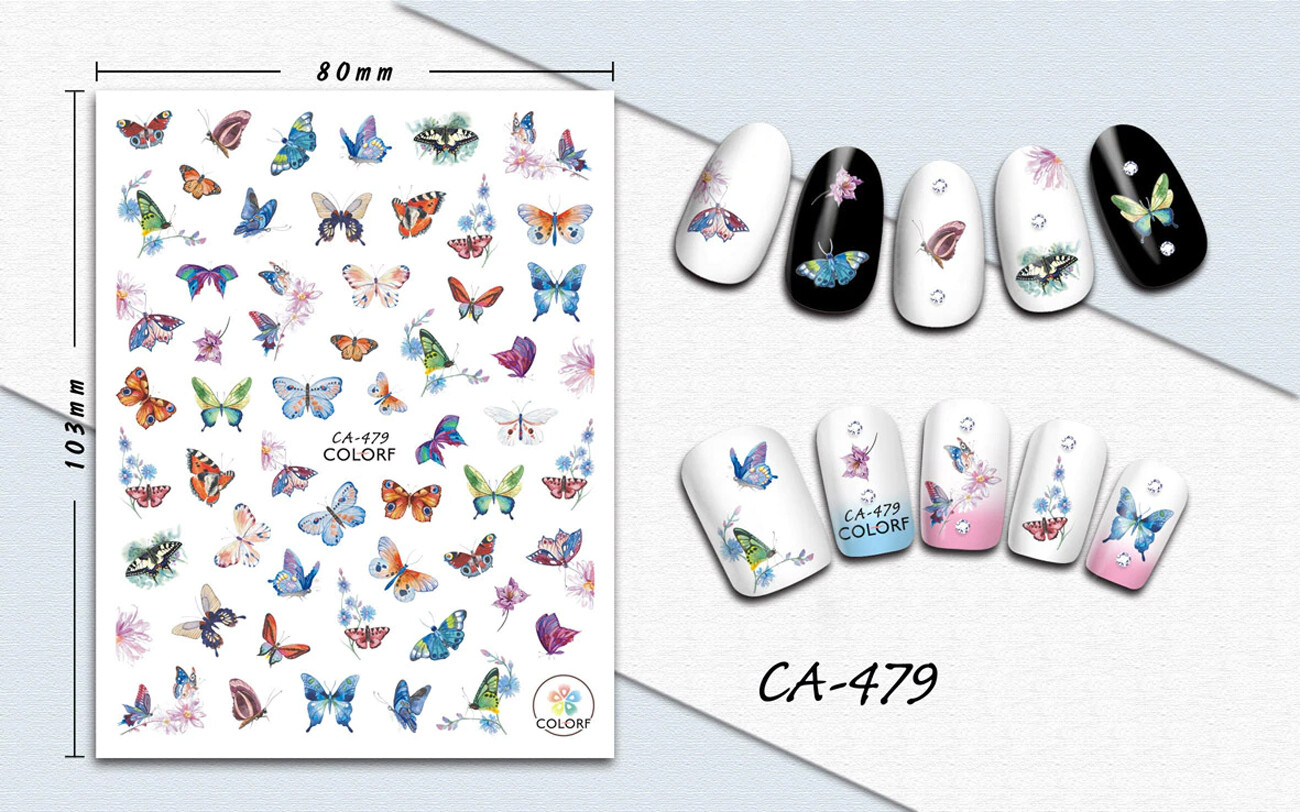 Nail art 3D stickers decal blue purple red green butterflies pink flowers CA479