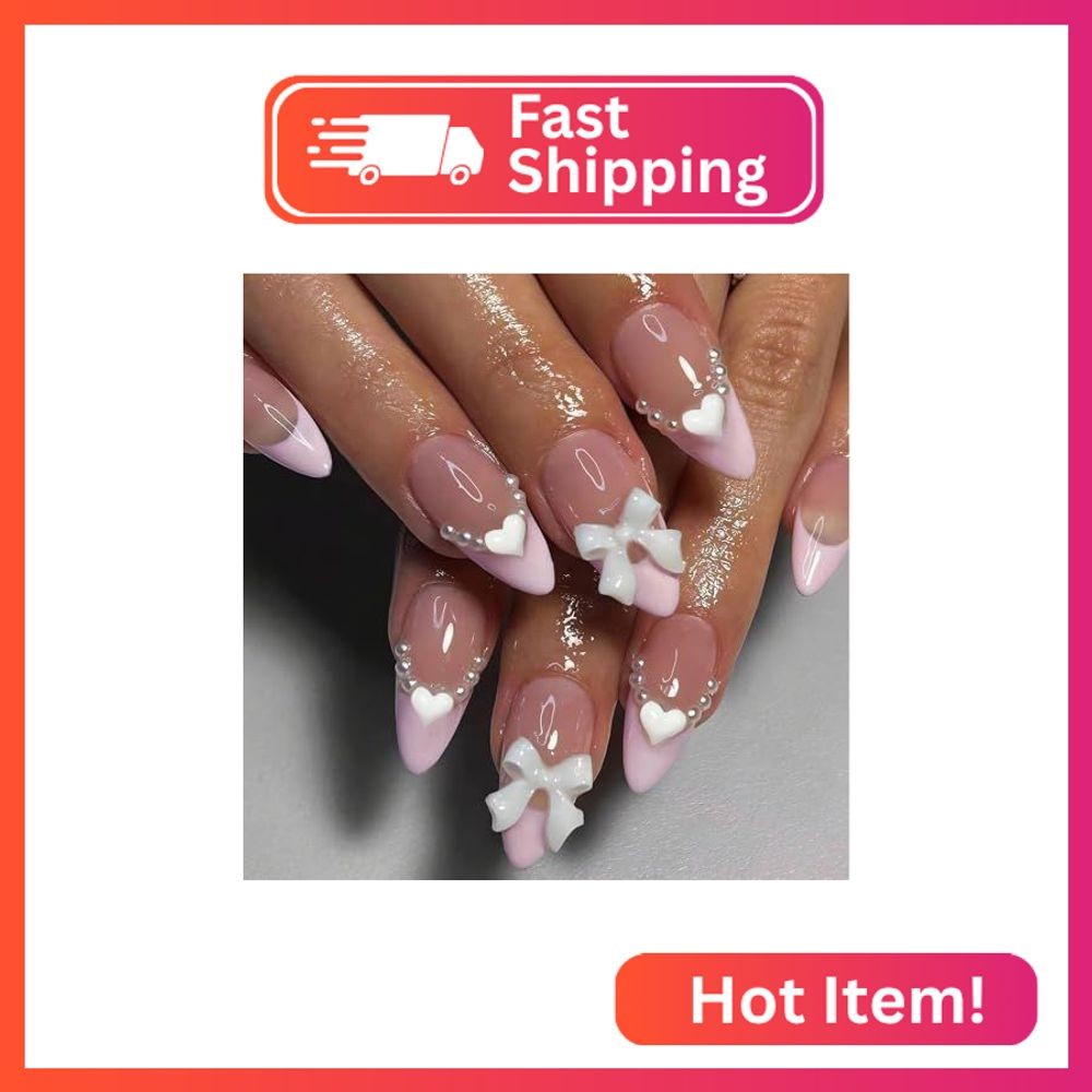 Pink French Tip Almond Press on Nails Medium Length Fake Nails 3D White Bow Hear