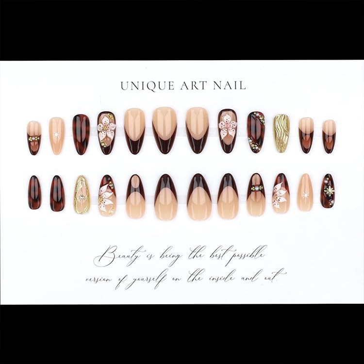 French Tip Press on Nails Medium Almond Fake Nails with Brown Leopard Designs…