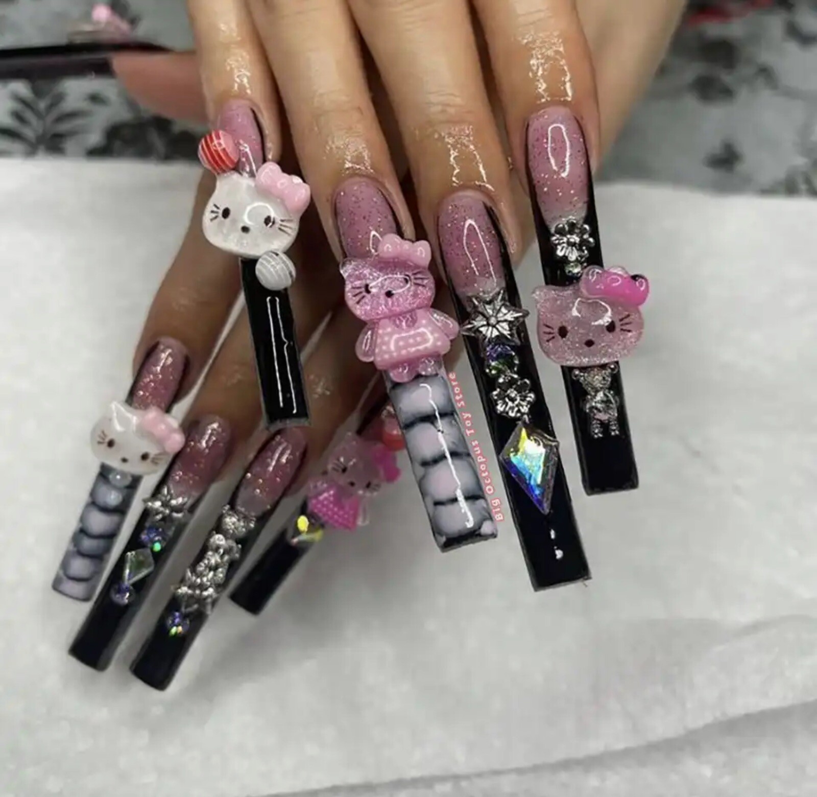 Xxxl Rectangle, Fake Nails 3D Hello KITTY Pink Diamond Strong, Long Nails