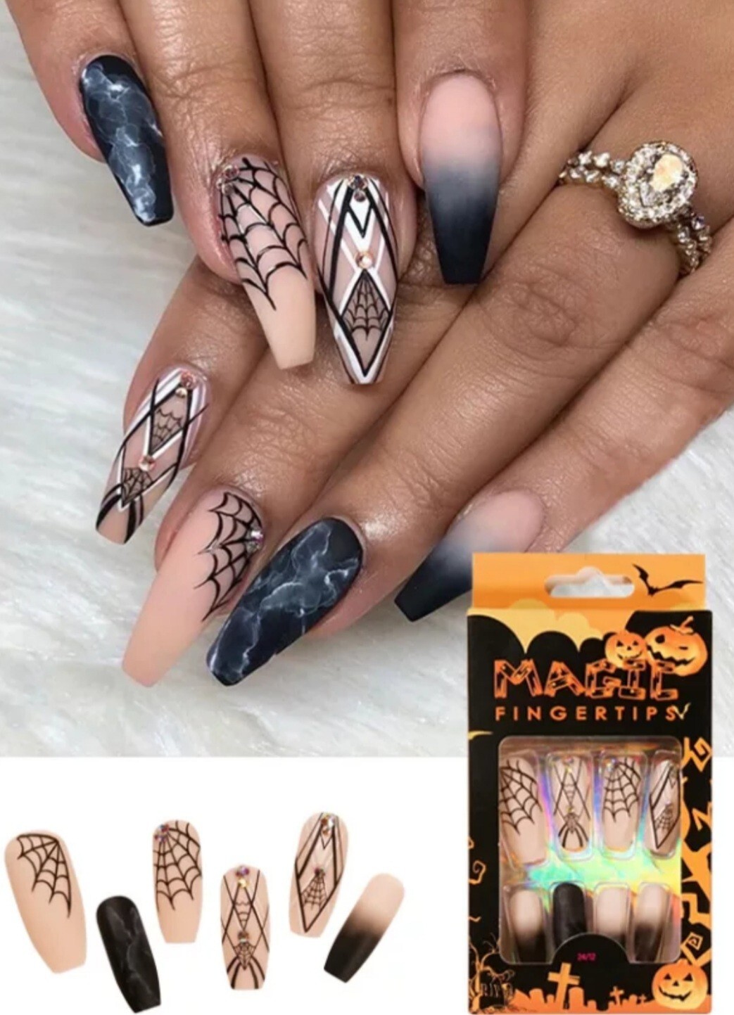 24 Witchy matte nude black press on nails kit glue spiderweb goth halloween edgy