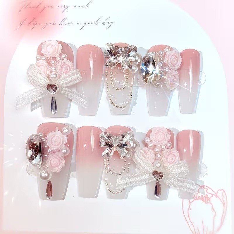 24 Pcs (10 Piece Handmade) Flower, Ribbon & Rhinestones Design Press-on Nails