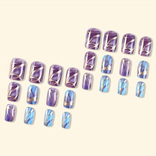 Blue Press on Nails Short Square Fake Nails Ombre False Nails Purple Gradient