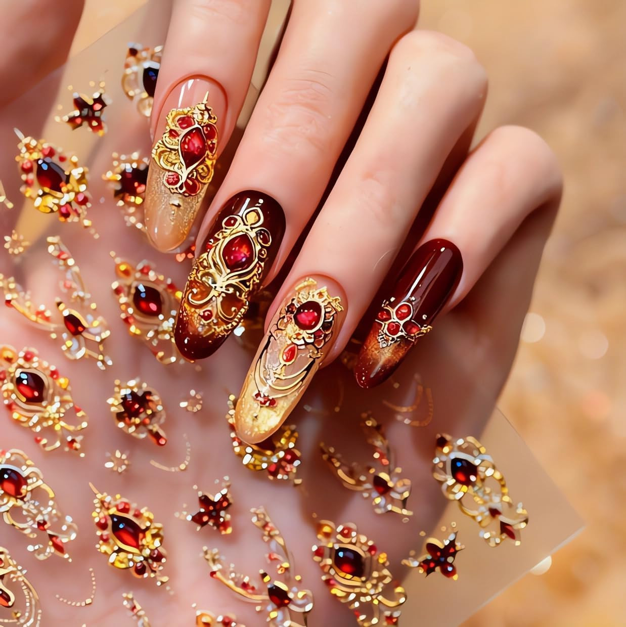 Gold Nail Art Stickers Red Gem Nail Stickers for Nail Art Supplies Shiny Star Na