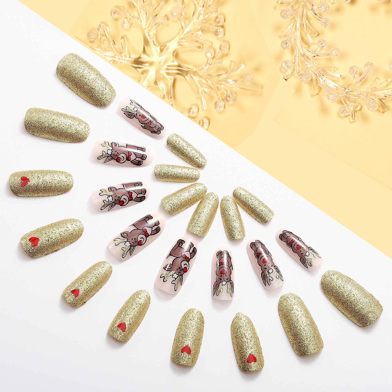 Christmas Press on Nails Oval Long Length, 24Pcs Gold Artificial Winter Fake Nai