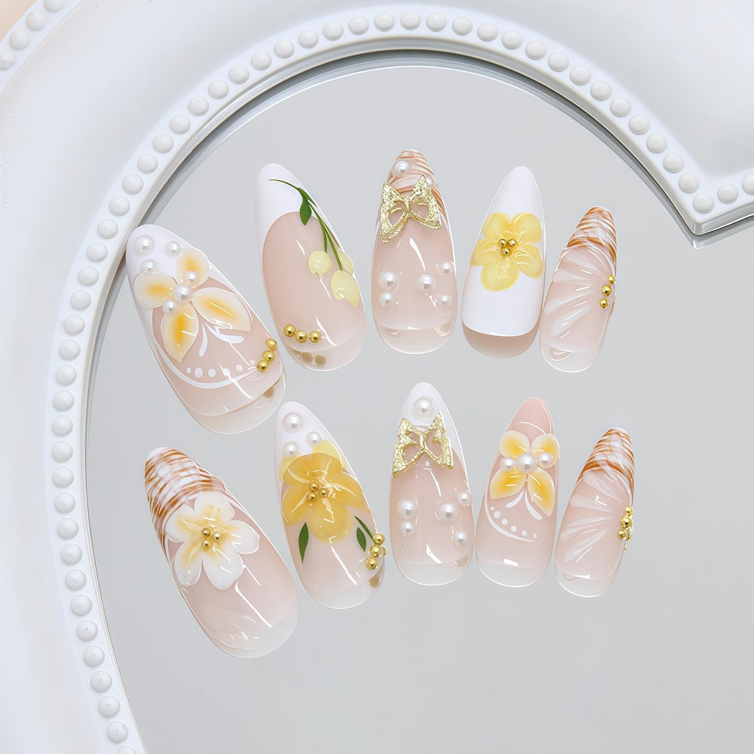 24Pcs Yellow Flower Press on Nails Medium Almond Fake Nails with 3D Gold Beads B