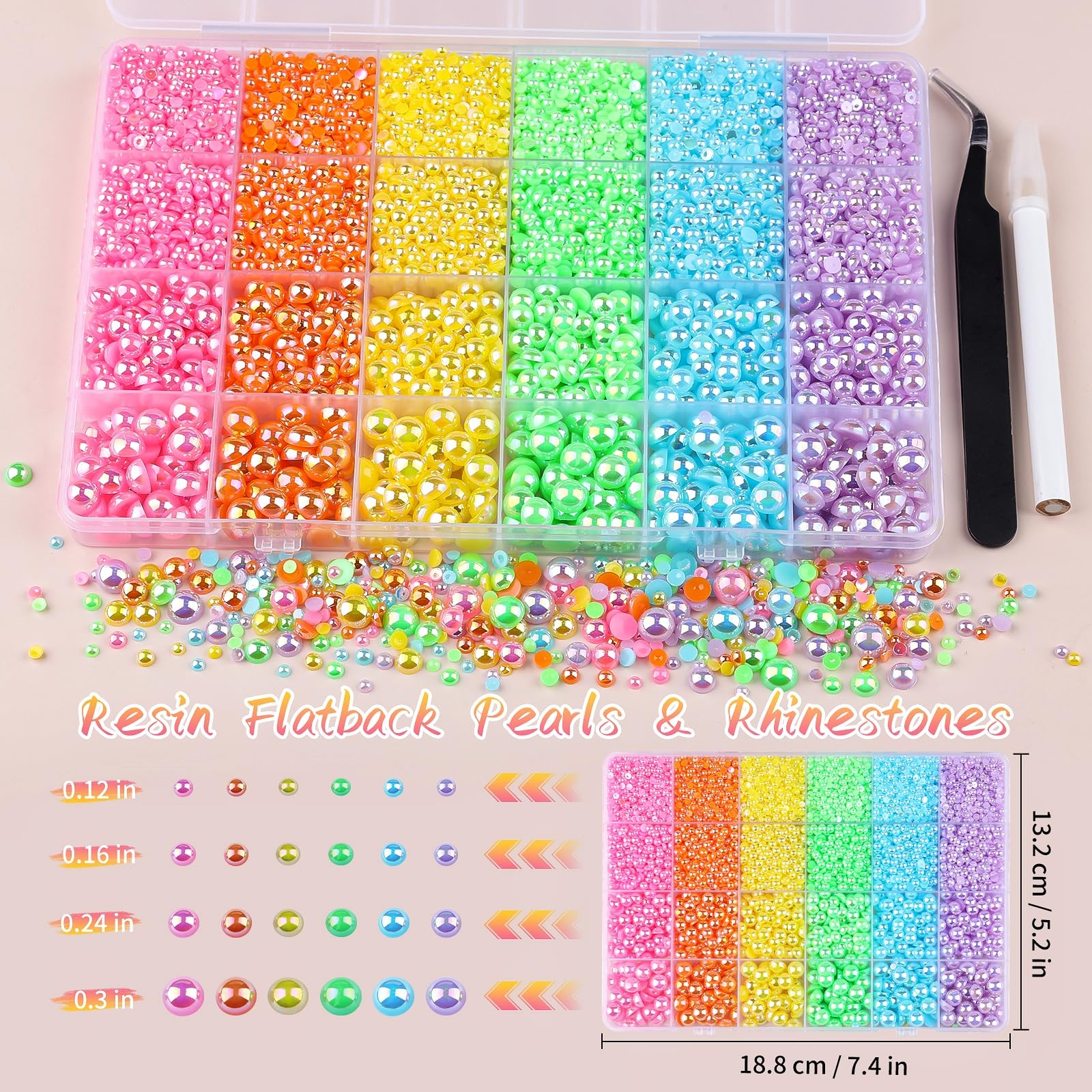 8500PCS Rainbow Flatback Pearls Set, 3/4/6/8mm Pink Purple Blue Half Round Pe…