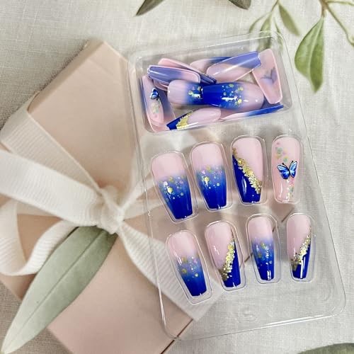 Press On Nails Medium Artificial Acrylic Gold Foil Blue Butterfly and Sequins