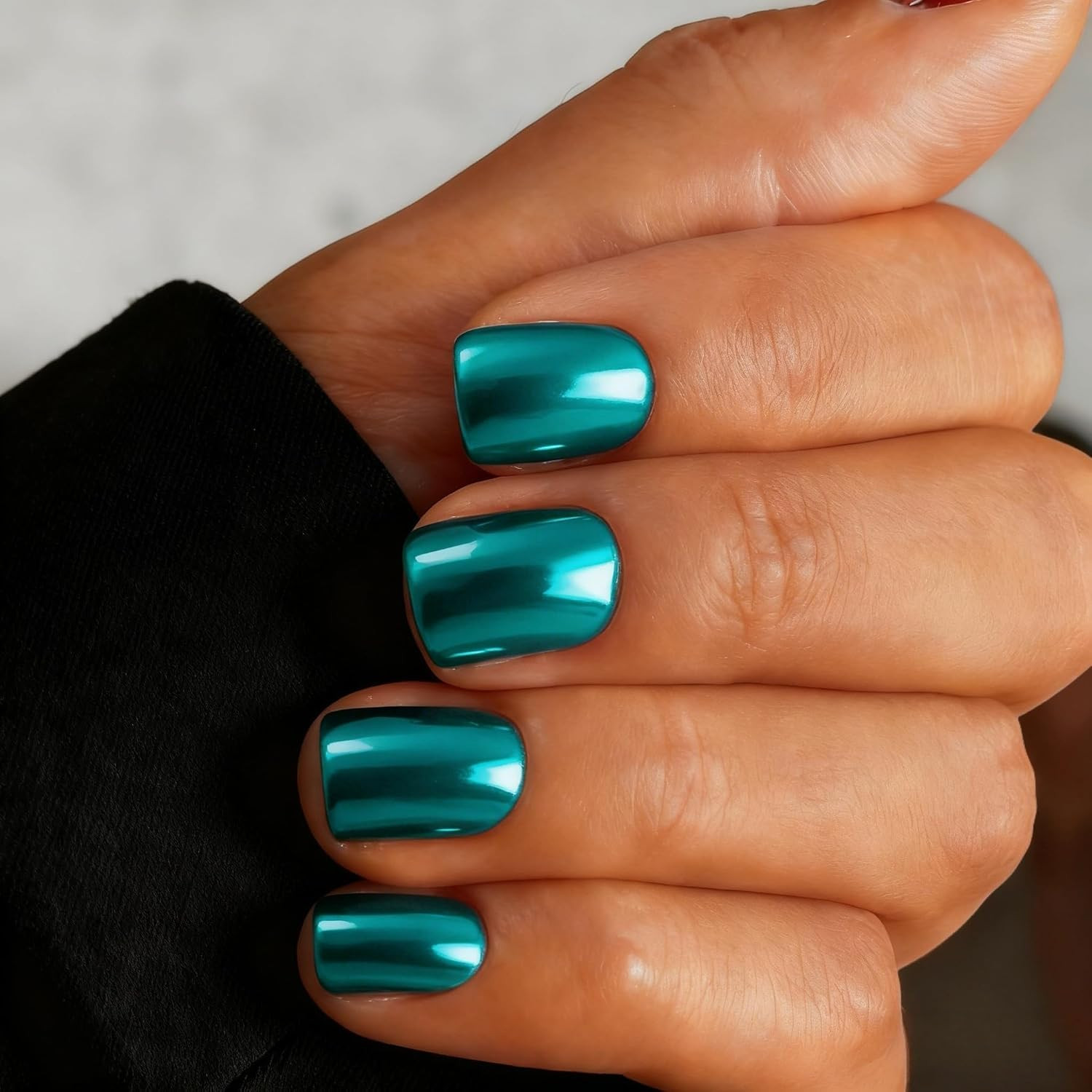 30PCS Short Square Chrome Press On Nails Teal Blue Glitter Fake Nails for Women