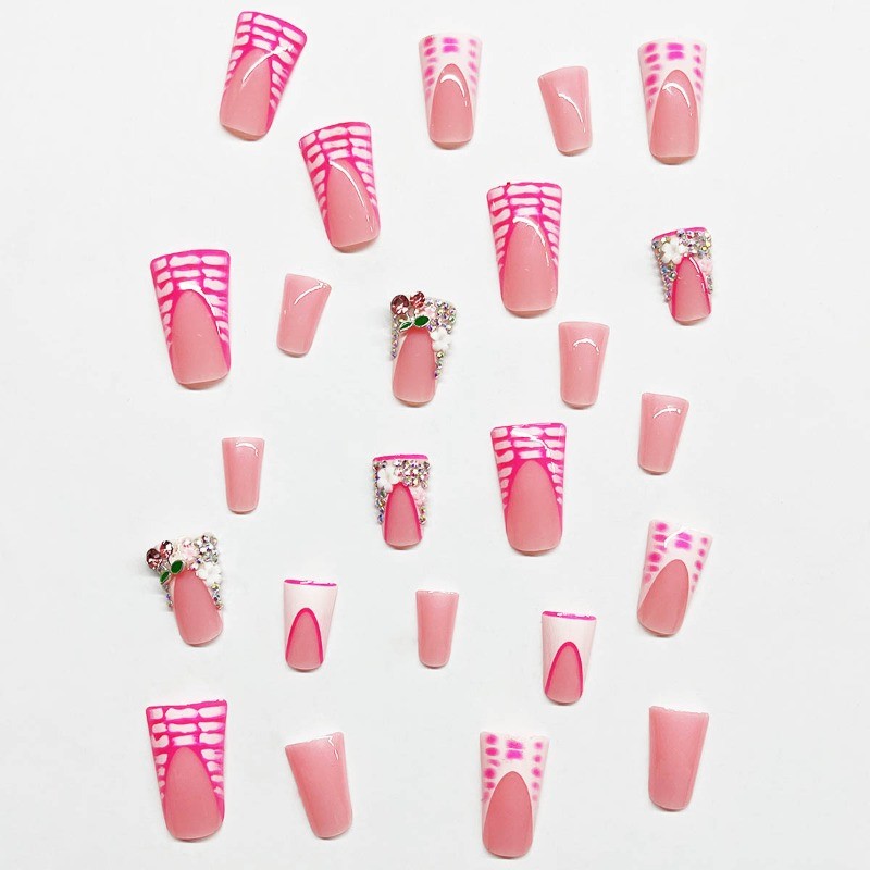 48pcs-Nude Pink Nails with White French Tips, Croc Print & Multicolor Crystals