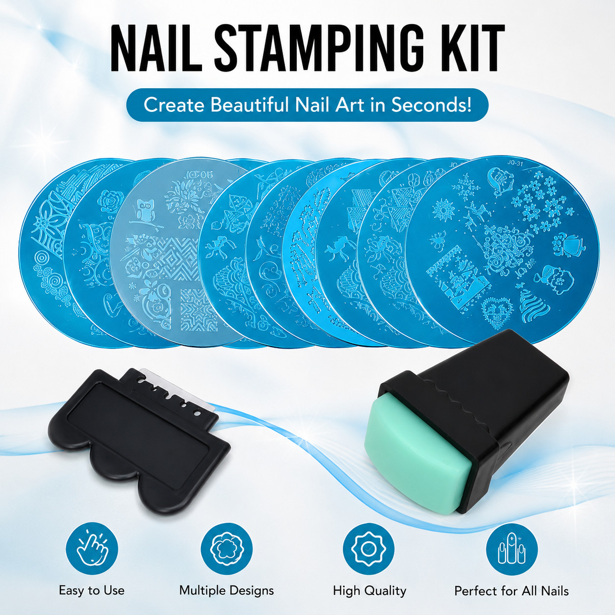 10PCS Nail Art Stamping Kit Image Template Plates, Polish Stamper & Scraper Set