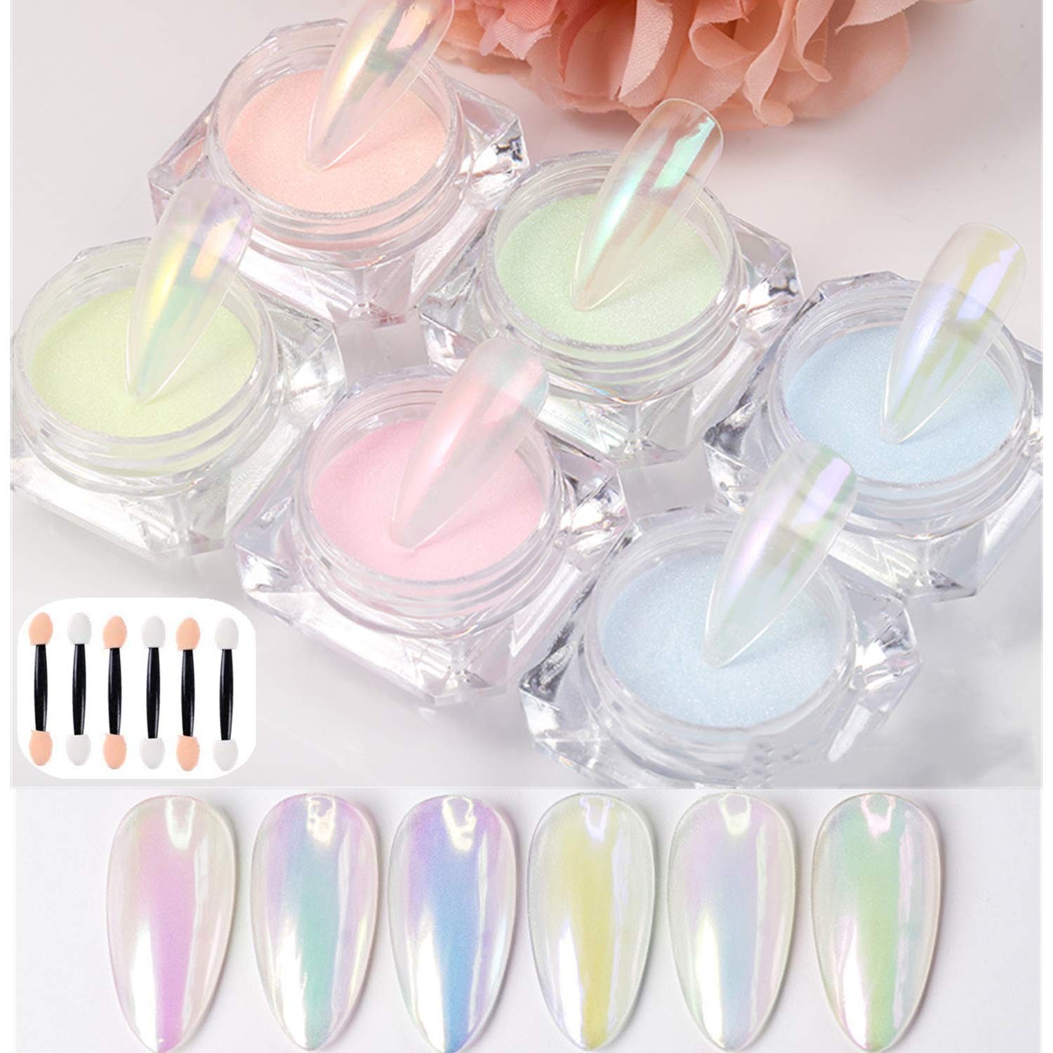 6 Boxes Mermaid Chrome Nail Art Powder Aurora 12 Piece Set, Chrome,Pearl