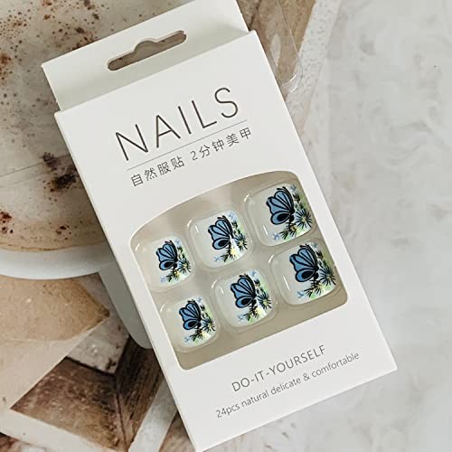 Press on Toenails with Butterfly Designs, Square Full Cover Butterfly and White