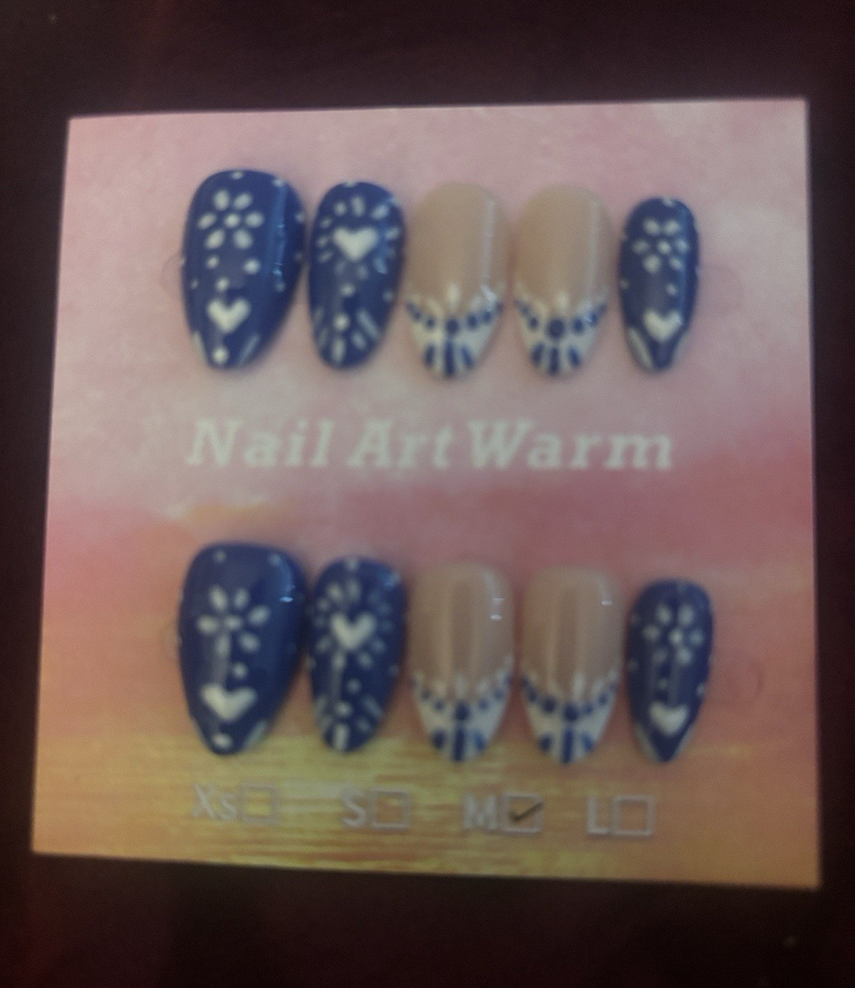 Press-On Nails Set Blue/Beige/White 3D Flowers Medium Coffin Full Cover