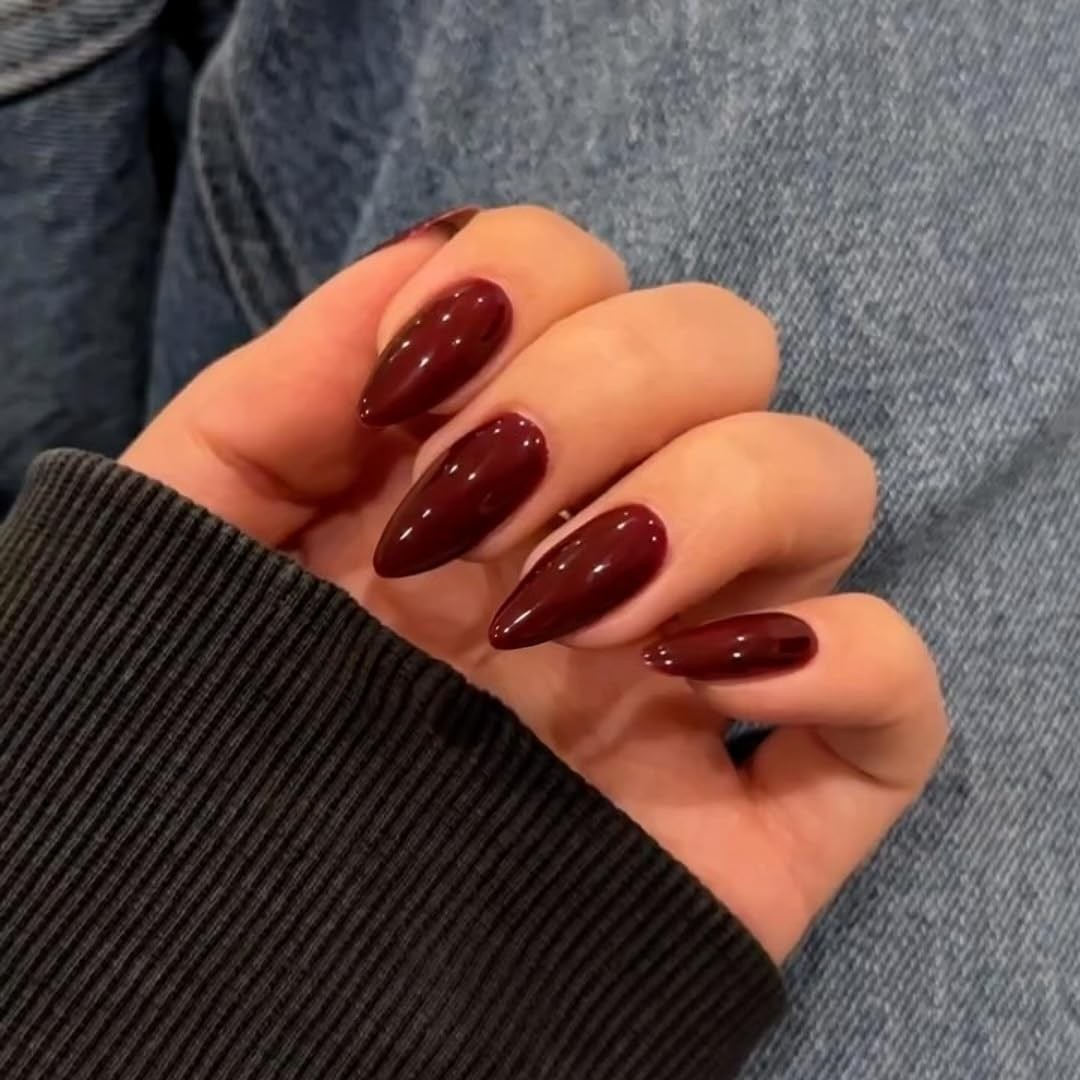 KQueenest 48 Pcs Dark Red Press on Nails Almond Medium Length, Press on Burgu…