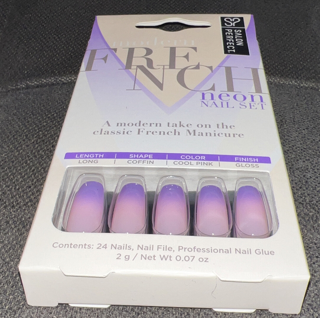 Salon Perfect Modern Neon Purple Ombre French Tip Design Long Coffin Shape Nails