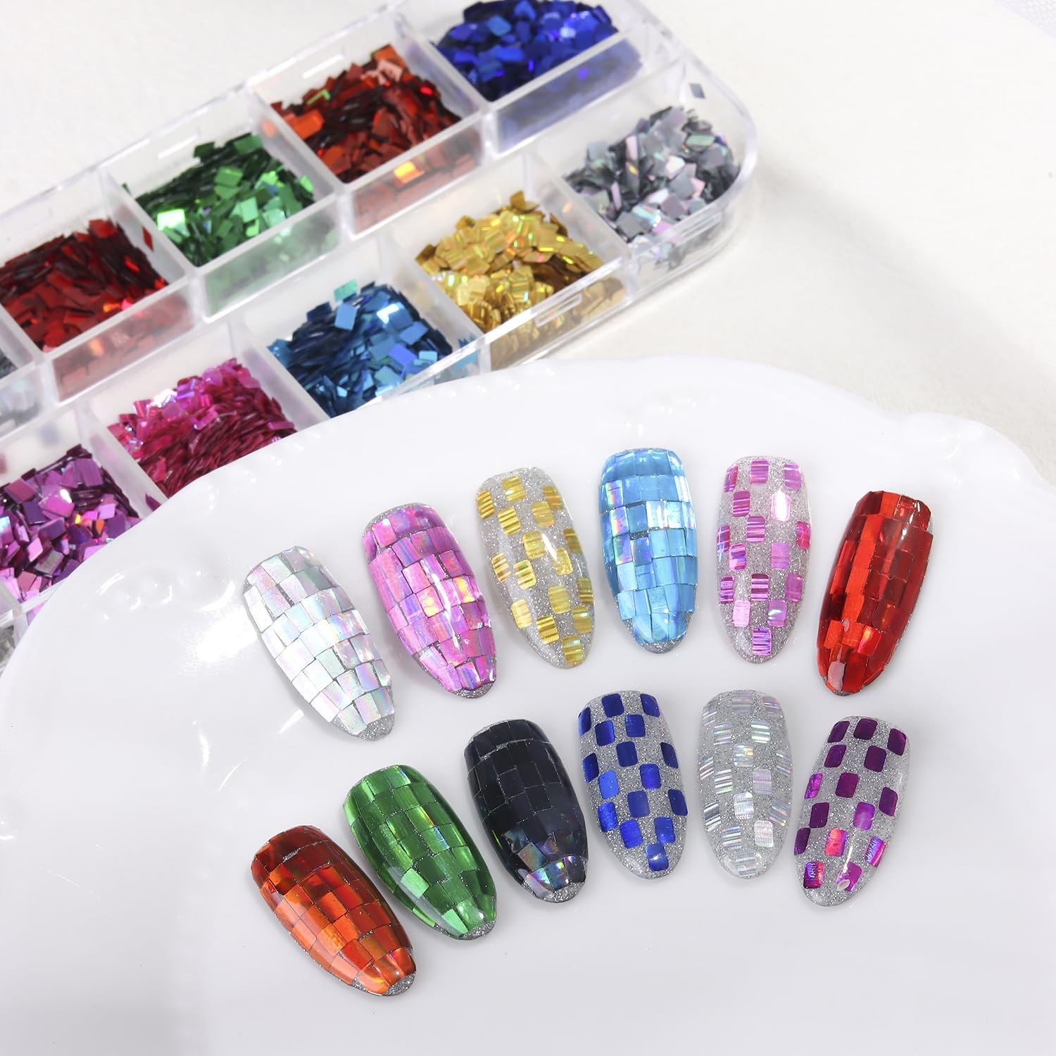 Laser Square Glitter Nail Art Sequins, 12 Colors Rectangle Shape Holographic …
