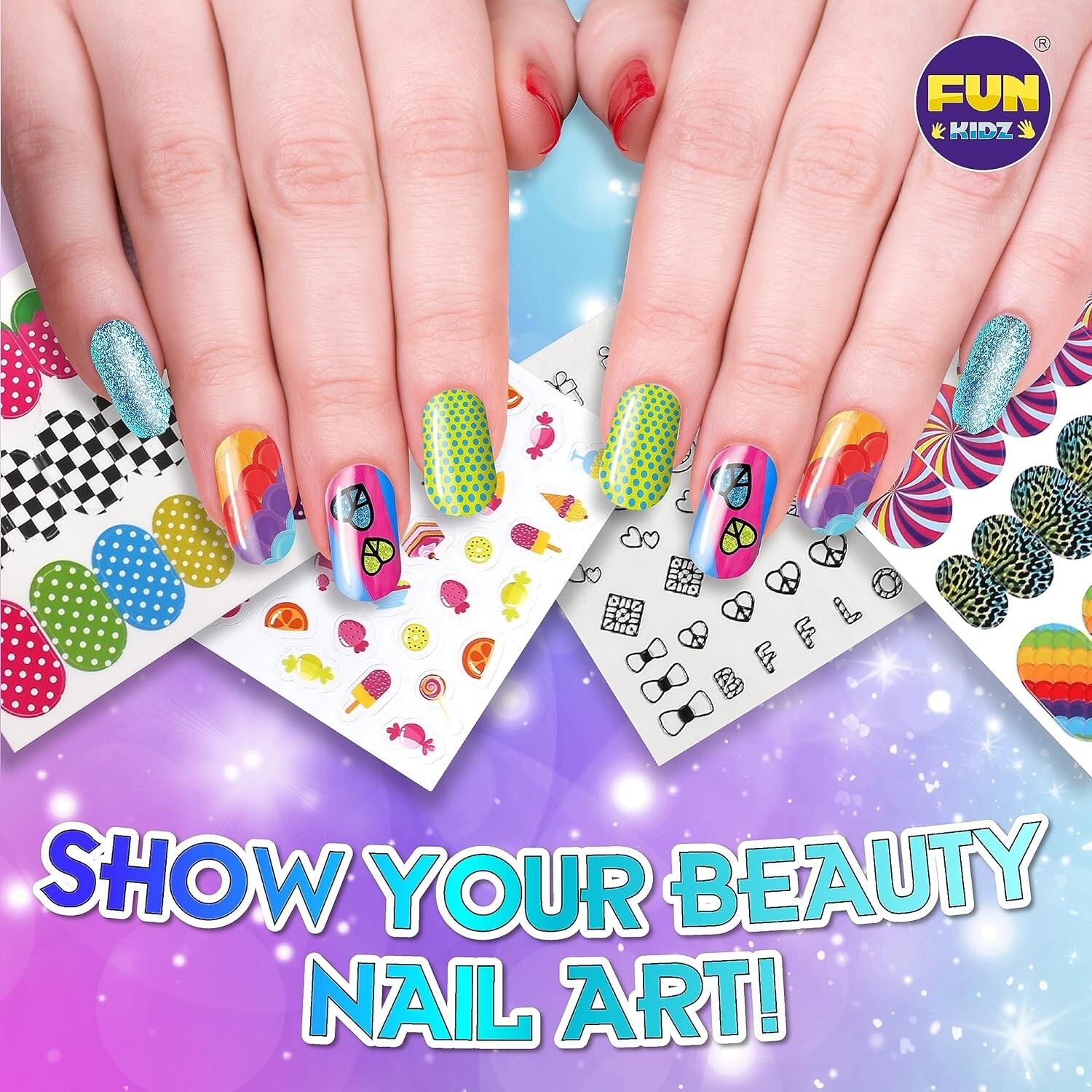 Girls 8-12 Nail Art Combo with 120 Fake Nails and Glitter Pens – Fun DIY Set