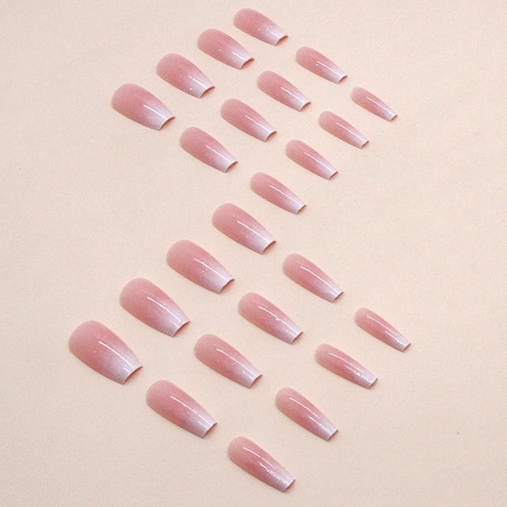 30 Pcs Ombre Pink-White Coffin Press-On Nails with Glitter – Glam Up Instantly