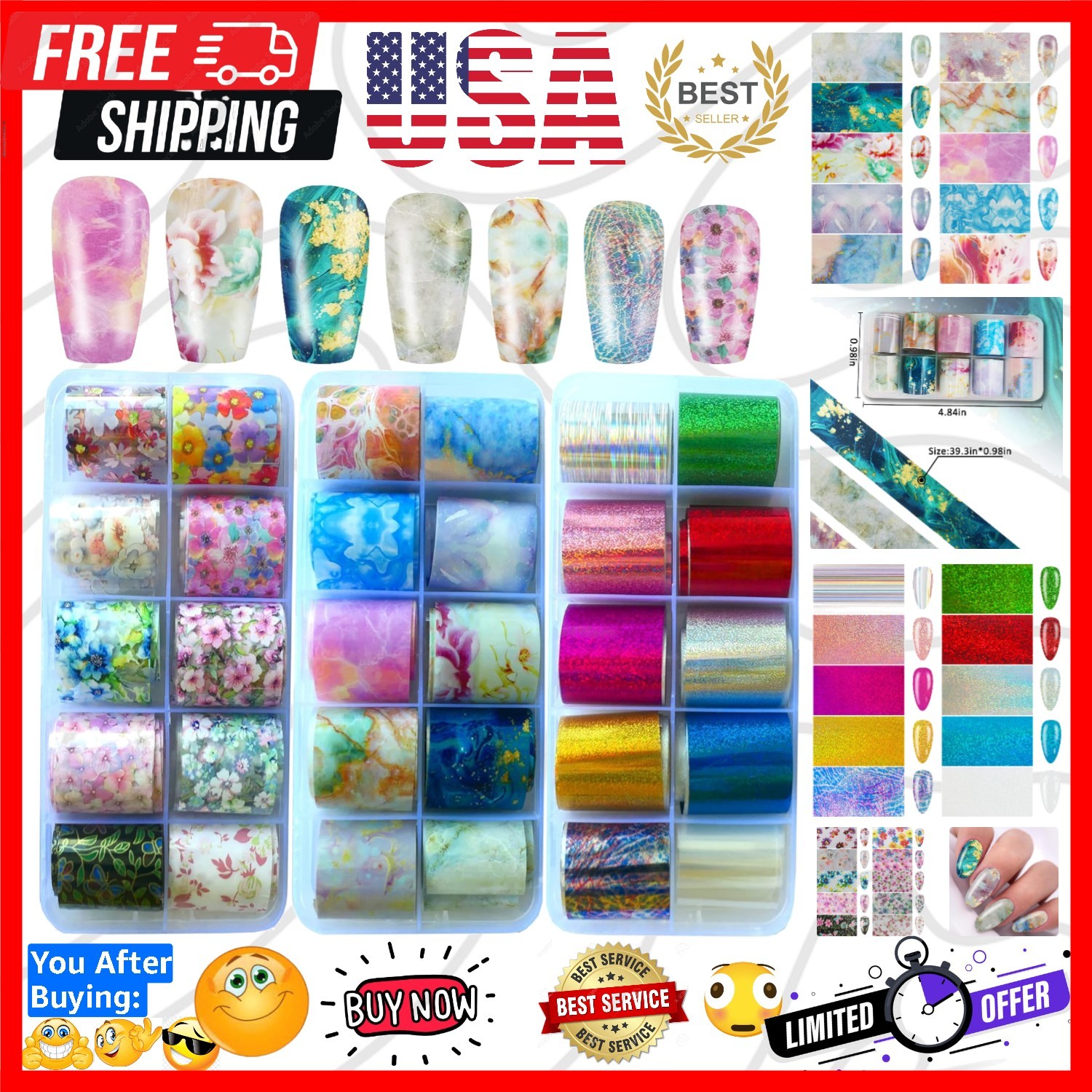30 Sheet Nail Art Foils Flower Marble Holographic Trsnfer Nail Foil Sticker D…