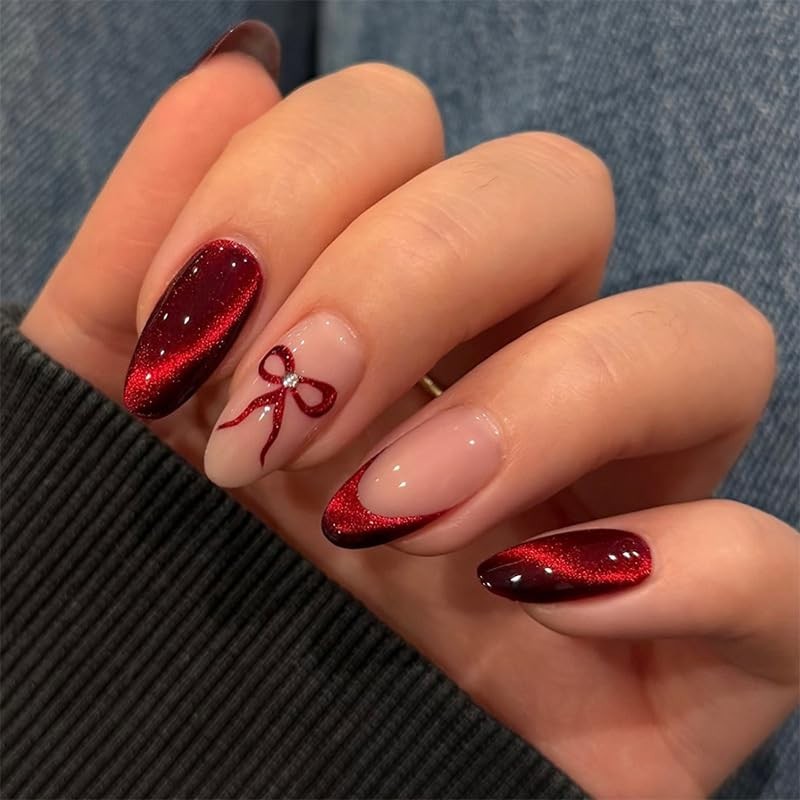 Red Cat Eye Press on Nails Medium Almond Fake Nails Wine Red Bow Style 22