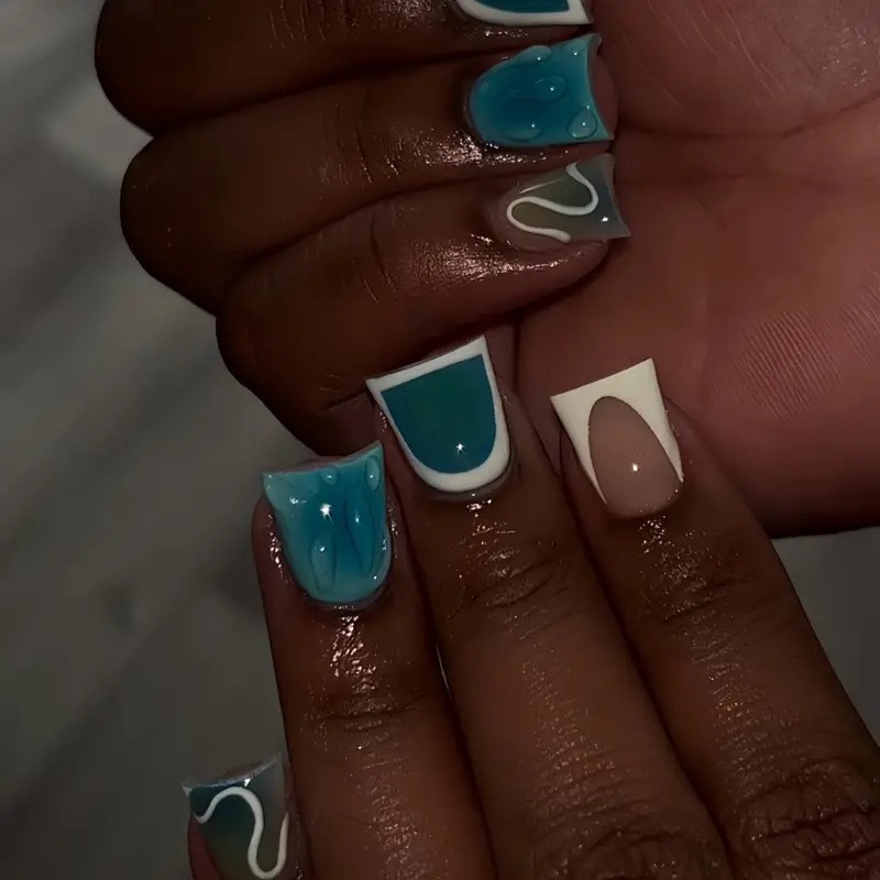 24Pcs-Teal Blue Abstract Line Press on Nails French Tip Glossy Square Nail Art