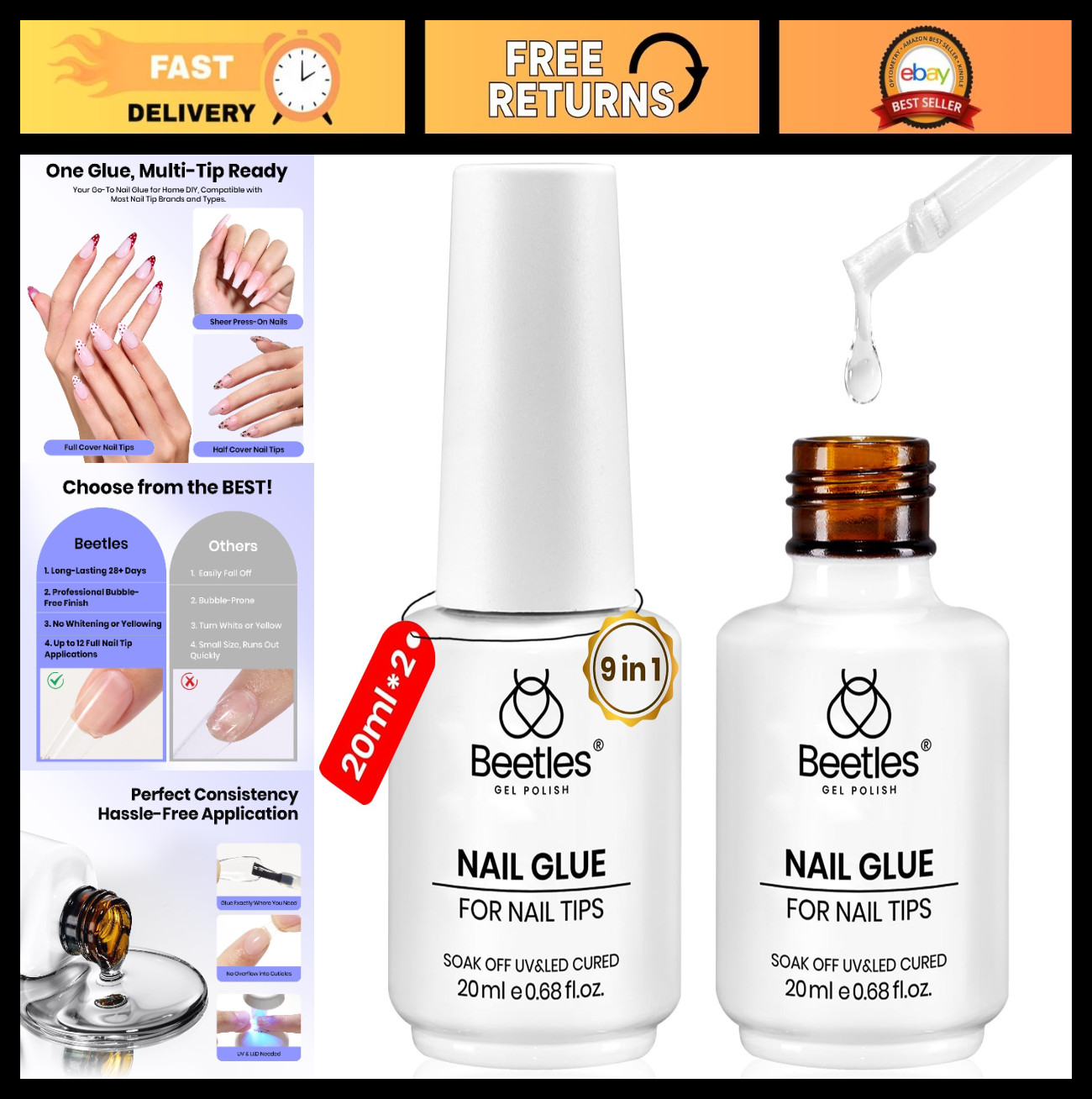 9 in 1 Nail Glue Gel Set – 2x20ml for Nail Tips & Press-On Nails, Self-Leveling,