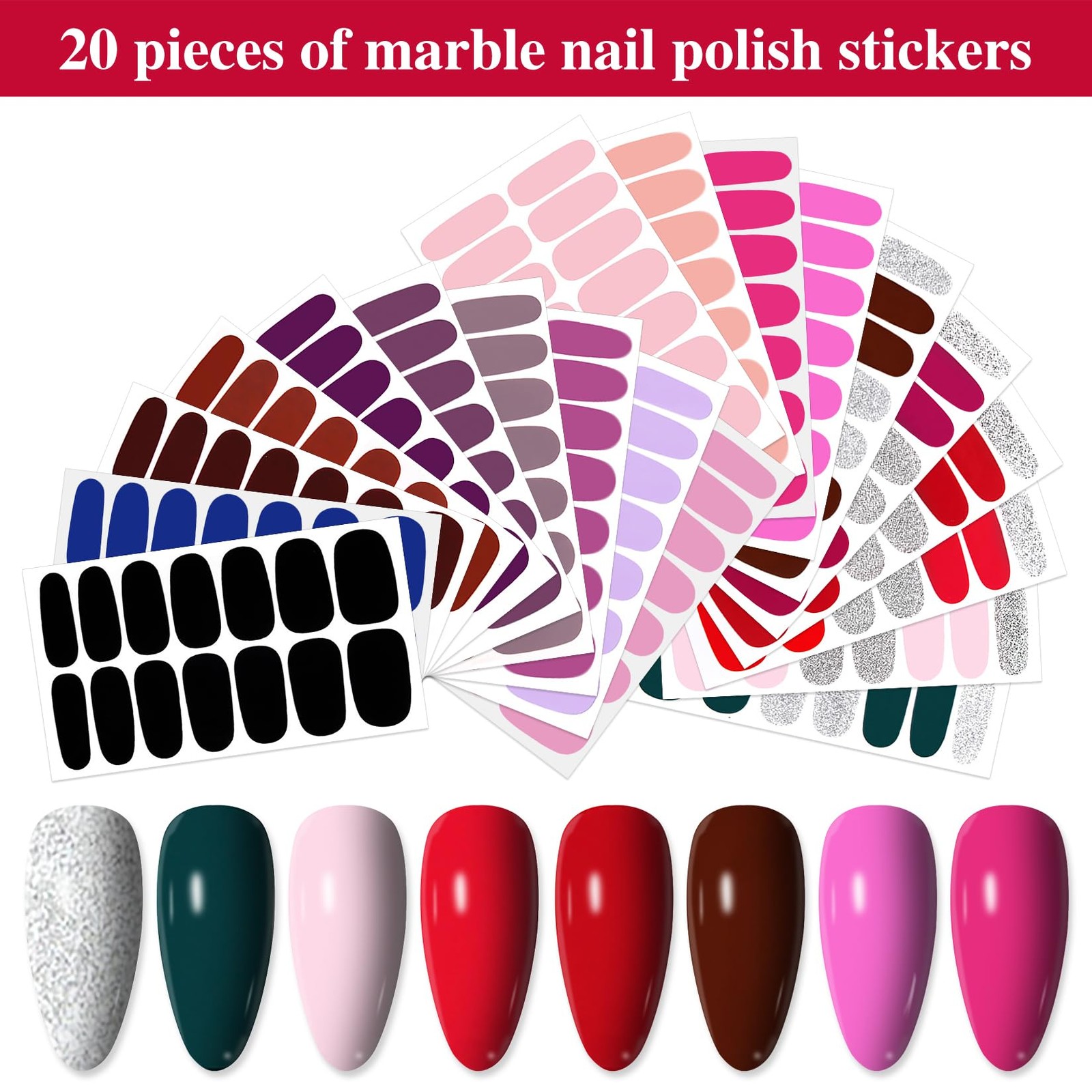 YECIRALA 20 Sheets 280 Pieces Solid Nail Polish Strips Mix Color Full Nail…