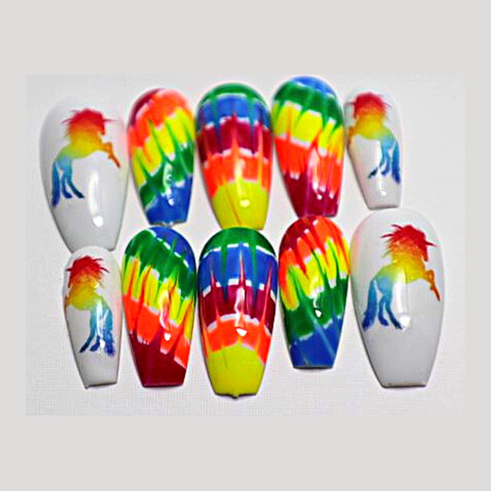 Psychedelic Tie-Dye Unicorns Press-On Nail Set – Long Ballerina (Size Medium)
